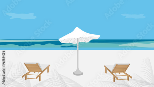 Against the backdrop of the sky and the azure sea, on the beach, sun loungers with a white umbrella