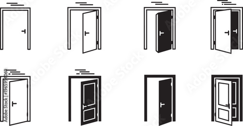 Various open and closed door icons in silhouette style