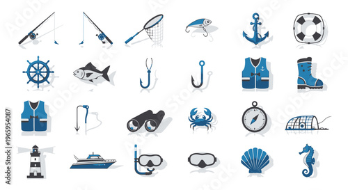 Fishing equipment and marine objects icons set on white background