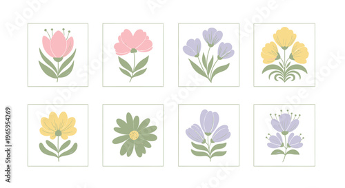 Floral illustrations collection of colorful decorative flower arrangements on white squares