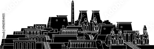 Thebes city silhouette with massive temple complexes, tall obelisks, and statues.