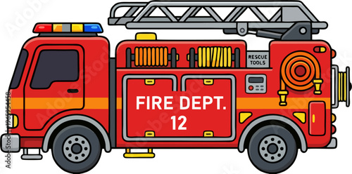 Fire Department Truck Cartoon Vector Illustration — Red Firetruck Side View with Ladder, Fire Hose, Rescue Tools and Emergency Lights Flat Design