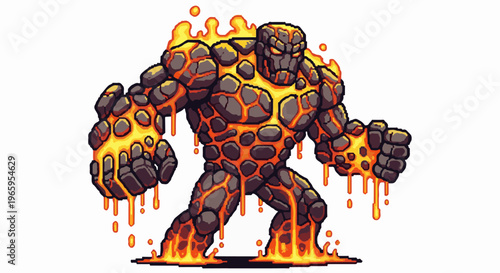 pixelated fiery rock golem creature