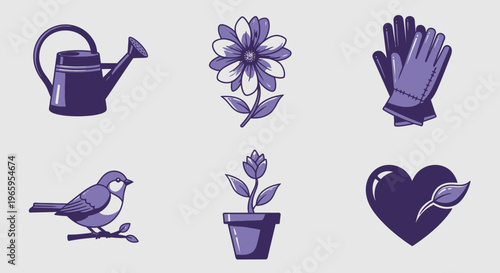 Garden icons watering can flower gloves bird plant and heart