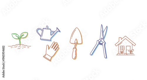 Garden tools and house icon illustration on white background