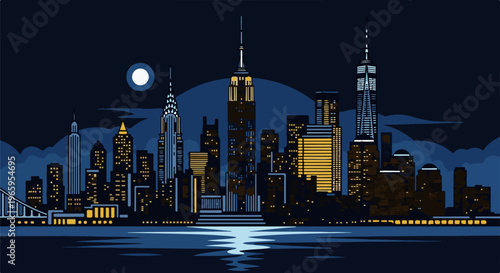 Pixelated cityscape at night with glowing windows and moon