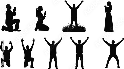 Silhouette illustration of eight people in prayer and worship poses, kneeling, standing, and raising arms, symbolizing devotion, gratitude, and spiritual faith expression in minimalist design.