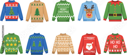 Christmas sweater set with festive designs including reindeer Santa elf and tree patterns in flat vector style, cozy winter clothing collection isolated on white background