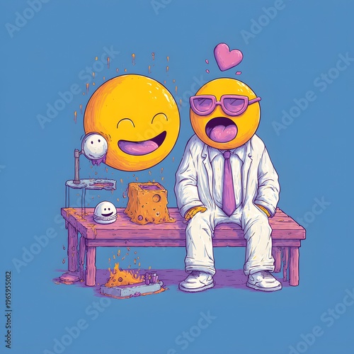 A cartoon emoji character sitting on a bench with a happy face