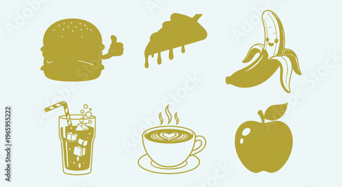 Golden food icons set on white background for design and decoration use