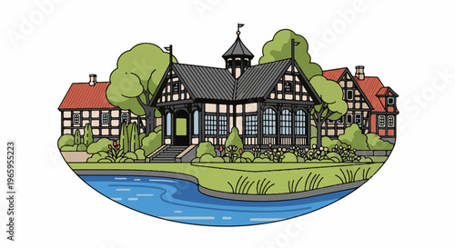 Picturesque village with half-timbered houses, water, and lush greenery