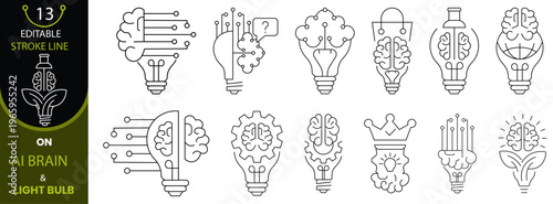 Vector Icon set on human creative brain in light bulb showing technology in thinking of artificial intelligence with editable stroke line style