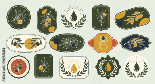 Collection of olive branch and oil drop emblems in retro style