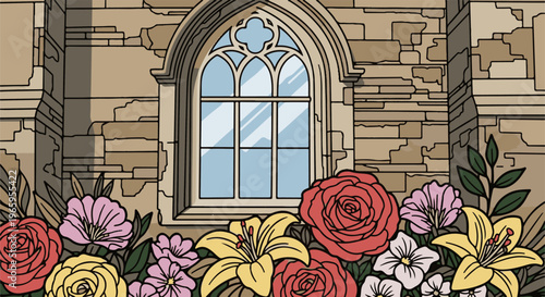 Ornate stone facade with arched window and vibrant blooming flowers