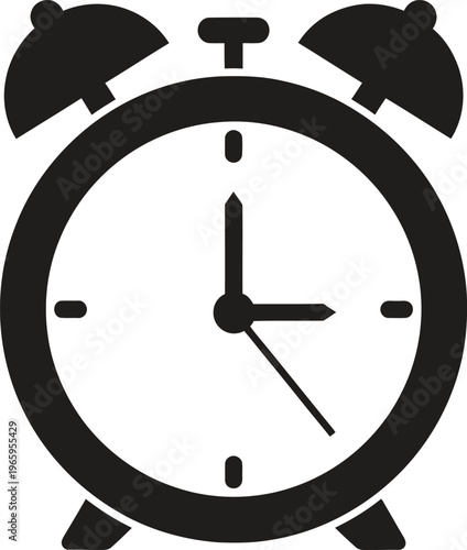 A black and white minimalist icon of a classic analog alarm clock showing the current time today Vector