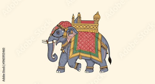 Ornate elephant with saddle and ceremonial headwear, walking