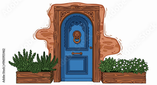 Ornate blue door with lion knocker and potted plants