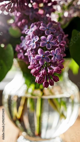 Purple Lilac Flowers in Glass Vase on Wooden Table with Soft Sunlight