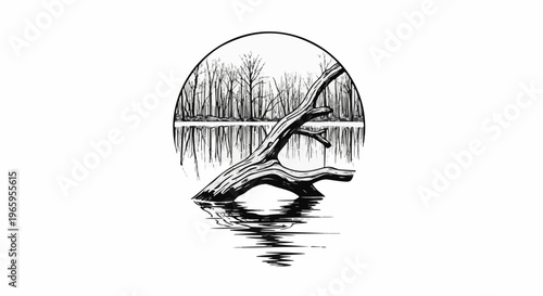 Monochromatic artwork depicts a fallen log extending from a lake into a forest