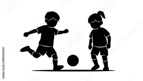Silhouette of kids playing soccer with ball on white background