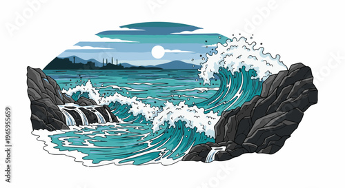 Crashing ocean waves cascade over rocks near industrial silhouette