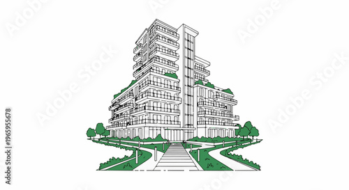 Modern apartment building with balconies and green spaces on a white background
