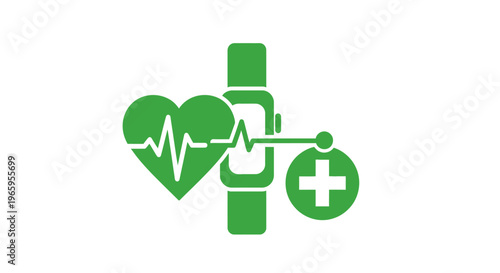 Green heart rate monitoring illustration with smartwatch and plus sign