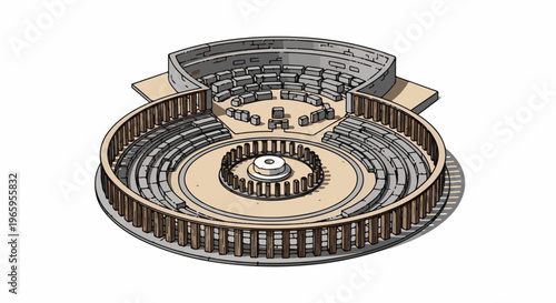 Isometric view of an ancient outdoor amphitheater with tiered seating