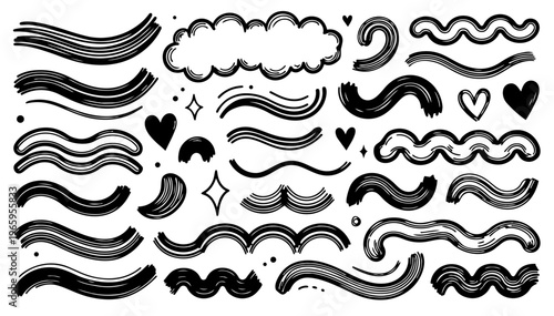 Hand drawn doodle cute kawaii accent strokes set, playful sketchy ink pen elements, expressive vector collection, isolated on white background
