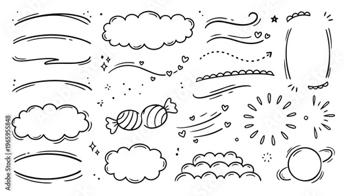 Hand drawn doodle cute kawaii accent strokes set, playful sketchy ink pen marks, expressive vector elements, isolated on white background