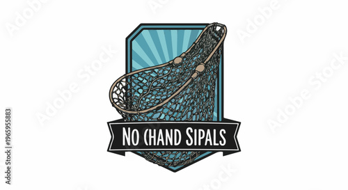 Fishing net emblem with blue rays and text banner