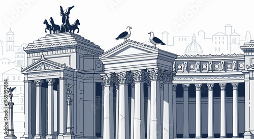 Detailed illustration of classical architecture with birds and statues