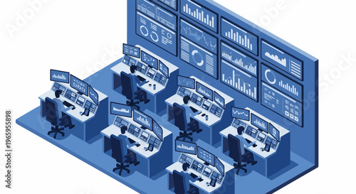 Isometric illustration of a control room with multiple workstations and screens