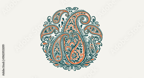 Intricate paisley pattern in teal and orange on a light background