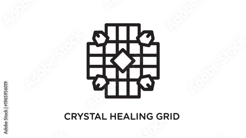 Clean, modern line art illustration of a crystal healing grid, ideal for spiritual wellness, meditation guides, holistic health content, and mindful marketing materials.