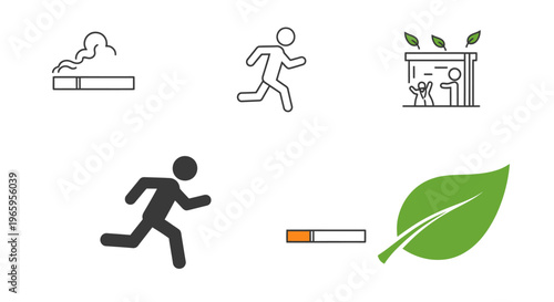 Health and environment icons illustrating smoking running and nature