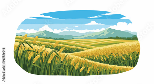 Golden wheat fields stretch towards distant mountains under a blue sky