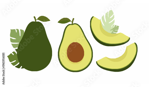 Cartoon avocado vector set – whole, half, and sliced fruit icons for healthy food and organic lifestyle illustrations