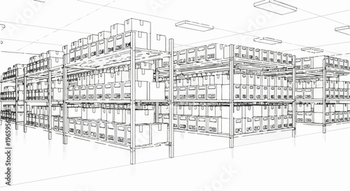 Industrial storage shelves packed with boxes in a sketch-style illustration