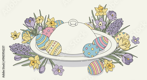 Festive Easter display of colorful eggs and spring flowers on a platter