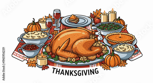 Festive Thanksgiving feast with roast turkey, pies, and assorted side dishes