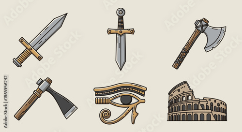 Historical weaponry and symbols vector illustrations for design projects