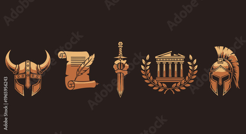 Historical symbols set viking helmet scroll sword laurel wreath temple and helmet