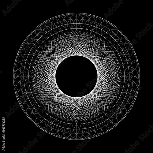 A geometric circular design with intricate white lines on a black background