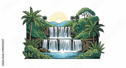 Lush jungle with tiered waterfalls, palm trees, and a radiant sun