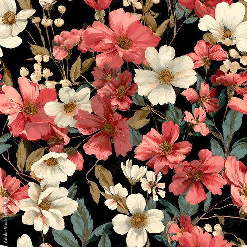 A vibrant floral pattern featuring pink and white flowers on a black background