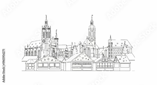 Line drawing of a town square with churches and market stalls