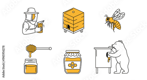 Honeybee themed vector illustrations of beekeeper beehive bee and honey