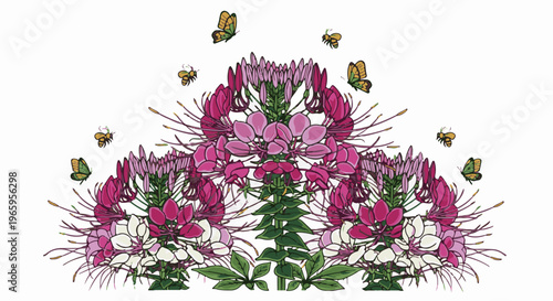 Intricate floral arrangement with hovering butterflies and bees