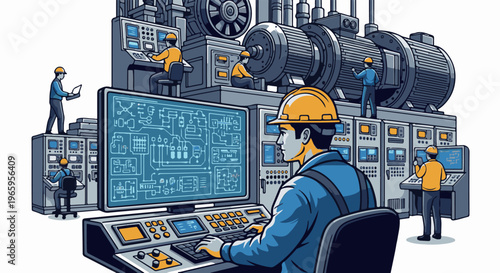 Industrial workers operating complex machinery and control panels with blueprints on screen